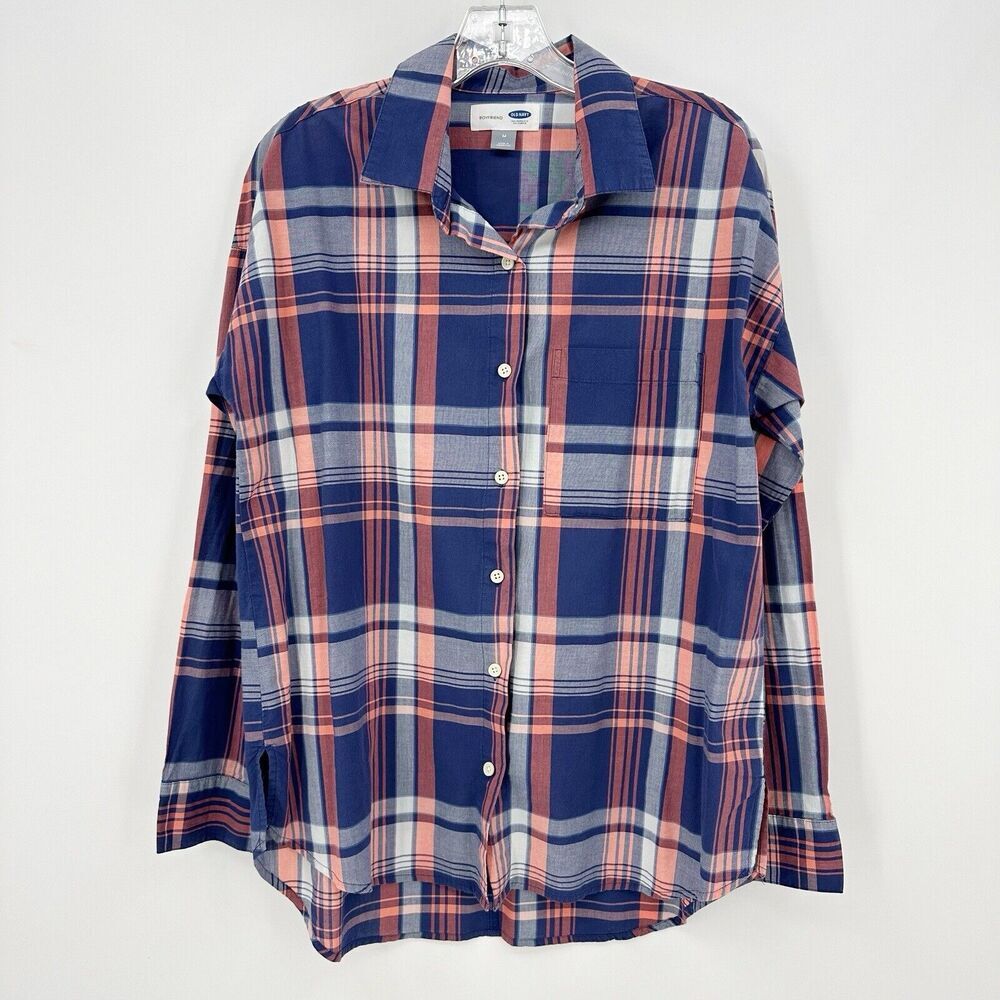 Old Navy Womens Boyfriend Shirt Sz M Madras Plaid Long Sleeve Button Up Classic